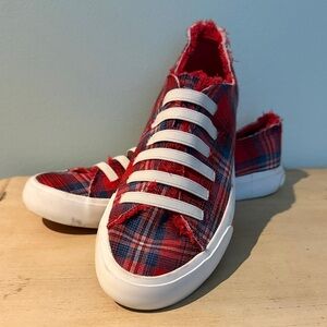 Rocket Dog Red and Blue Plaid Slippers with fringe trim